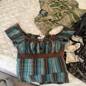 Cache Striped Off-Shoulder Peasant Top in Teal and Brown